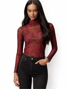 Anthropologie Floral Mesh Sheer Turtleneck Top Burgundy Stretch S